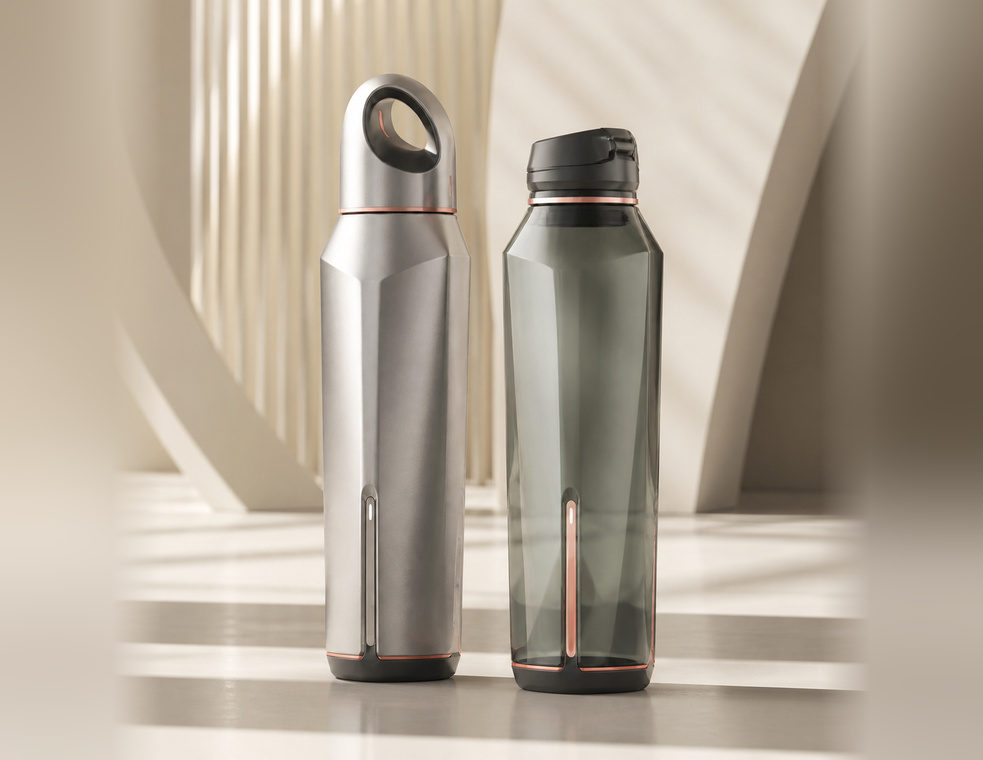 Stainless steel and Tritan bottles showing insulated construction, finishes, handles, and customization.