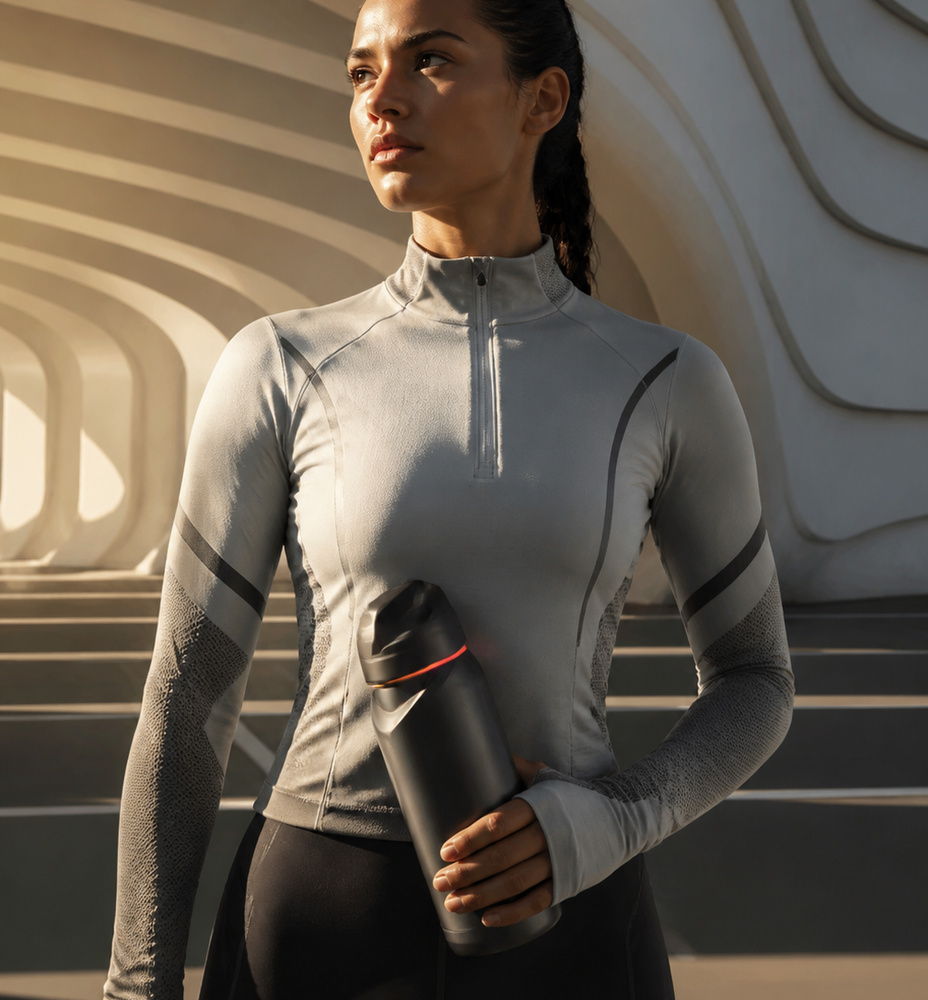 Athlete holding a Whitesands-developed hydration product at a track or stadium.