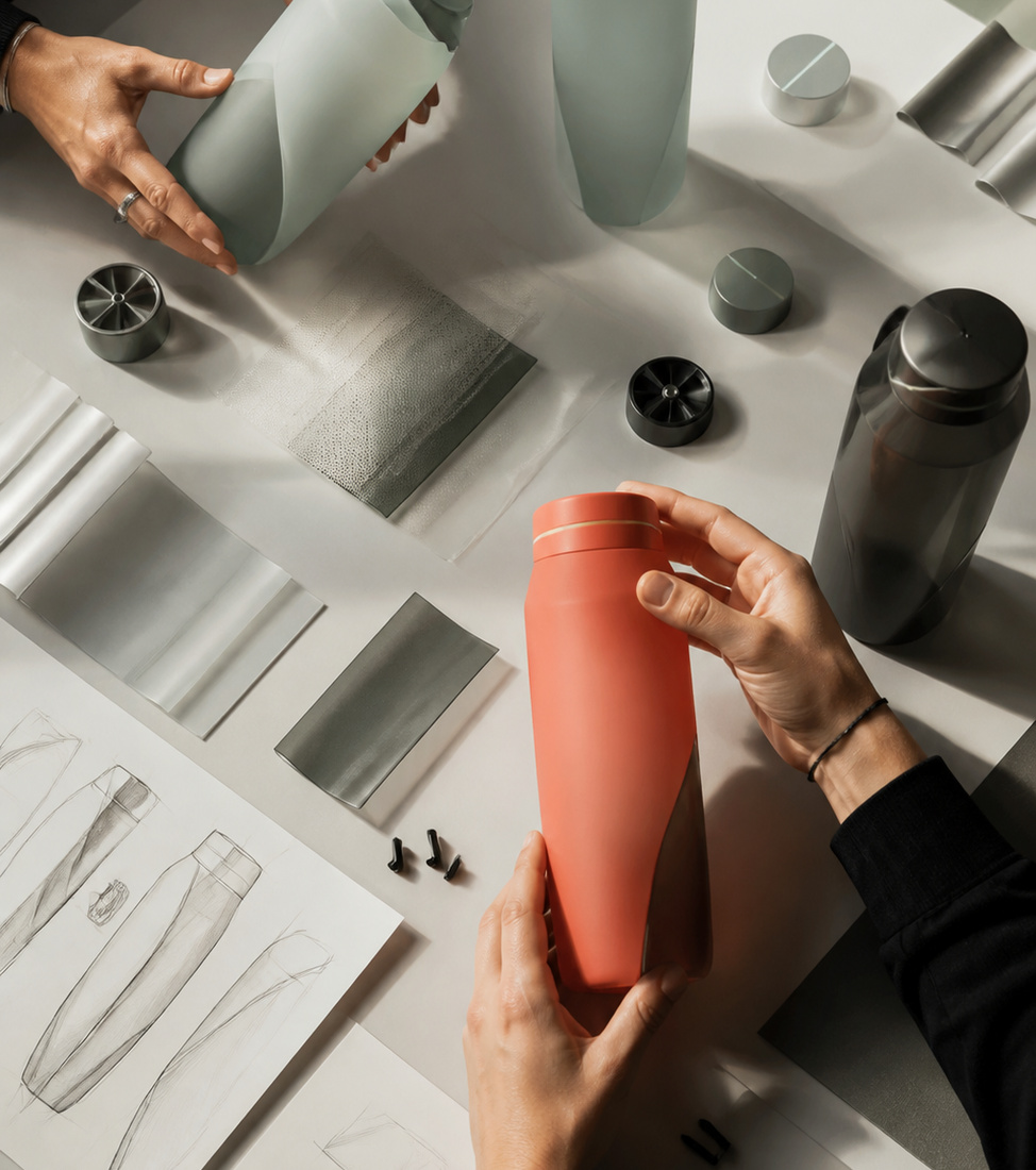Bottle sketches, closure prototypes, and material samples arranged on a product-development table.