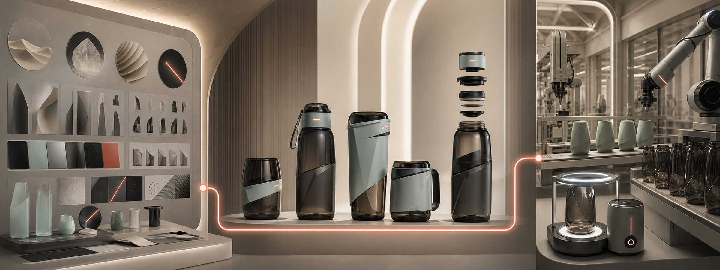 Concept sketches, closure prototypes, and production equipment showing a product’s path from idea to manufacturing.