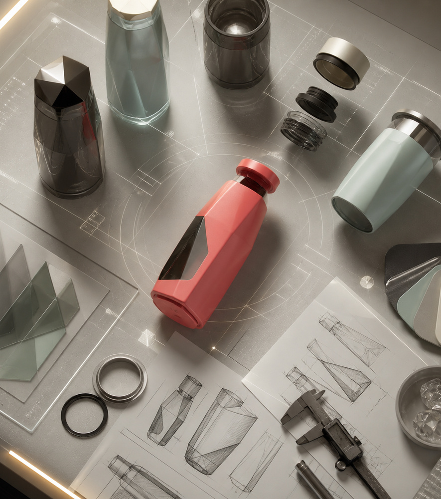 Bottle sketches, material samples, renderings, and closure prototypes during product development.