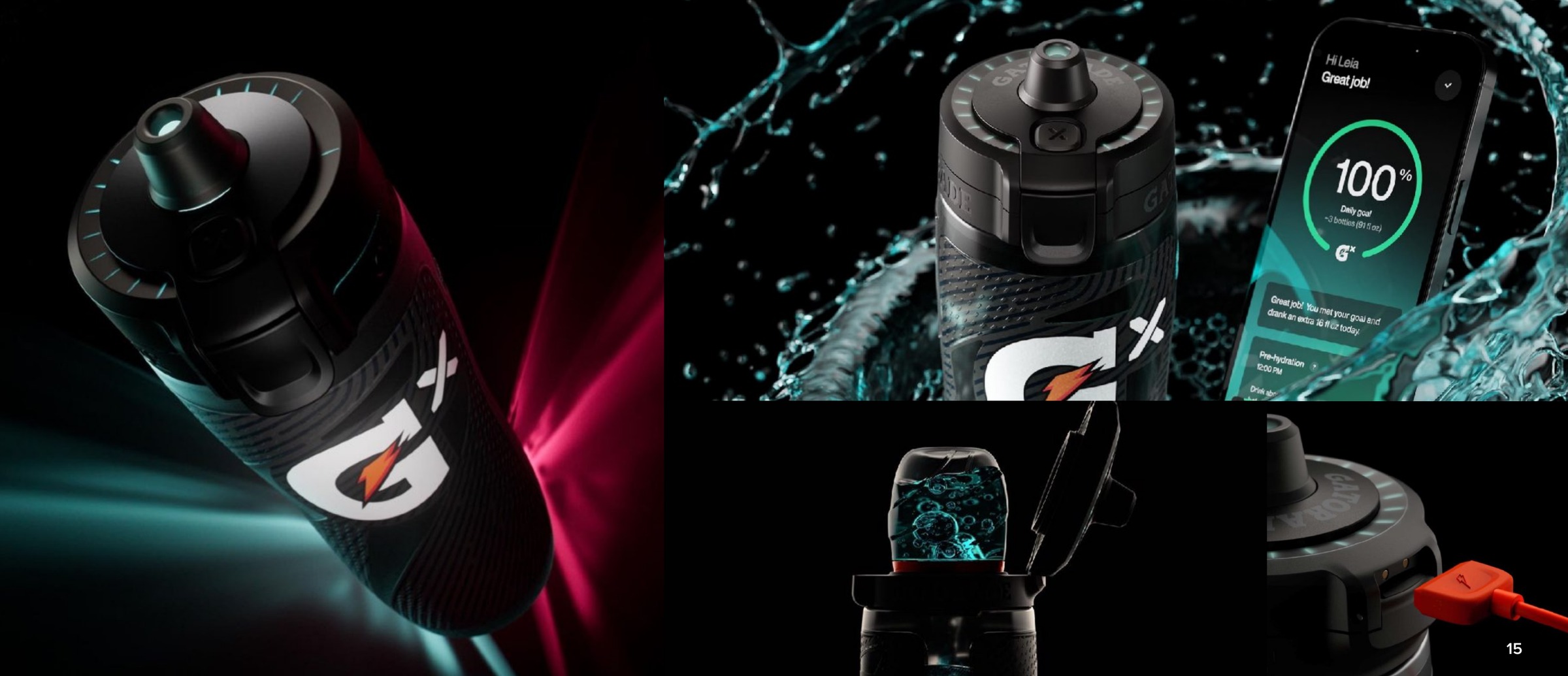 Connected performance bottle beside a mobile hydration-tracking interface and charging details.