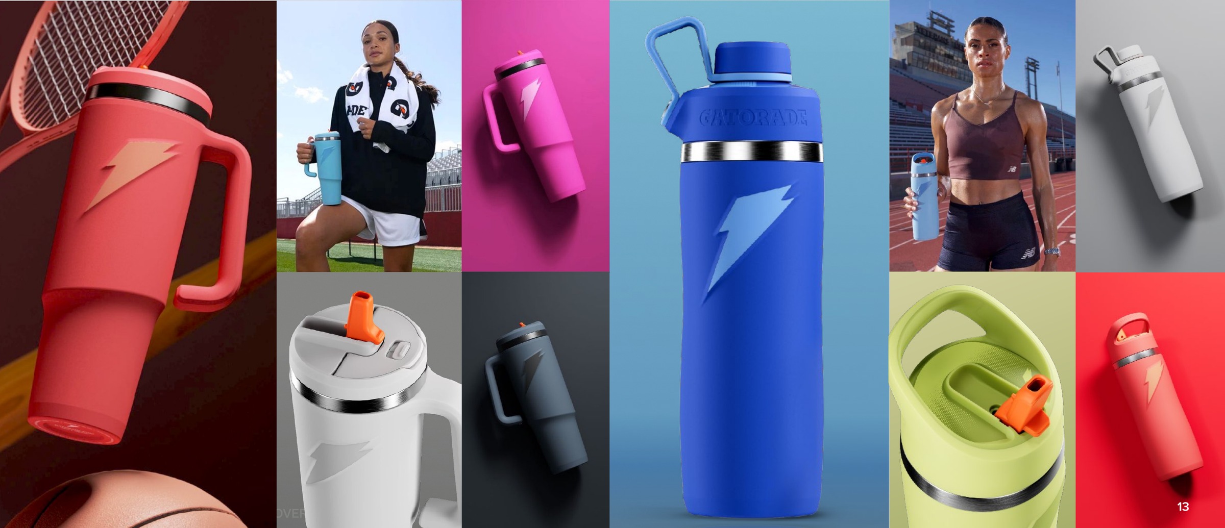 Performance bottles and tumblers with protective molded shells and dimensional lightning branding.