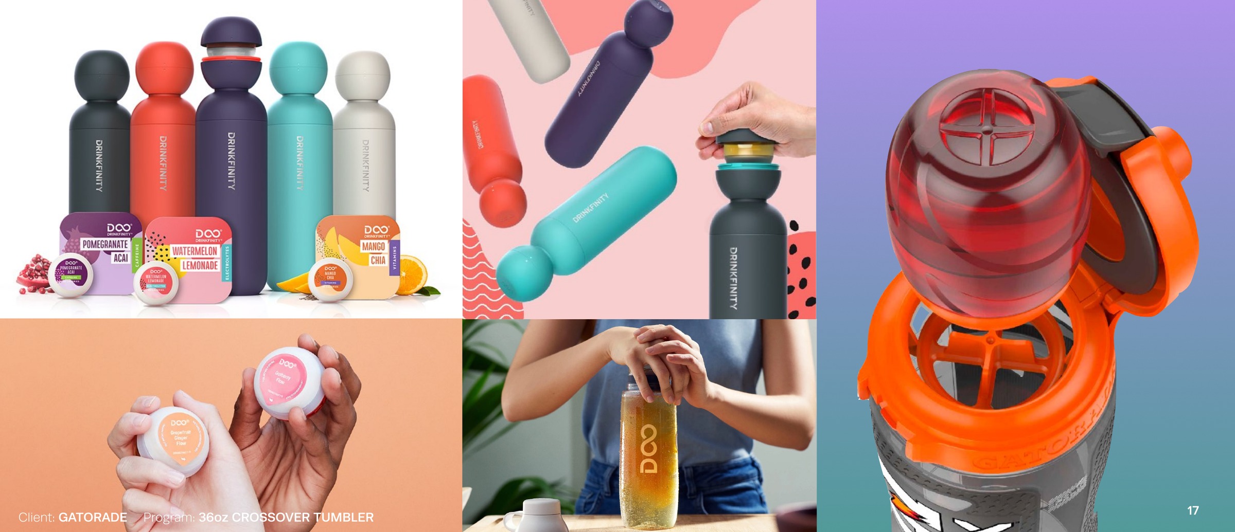 Reusable beverage bottles, concentrated flavor capsules, and the opening and mixing interaction.