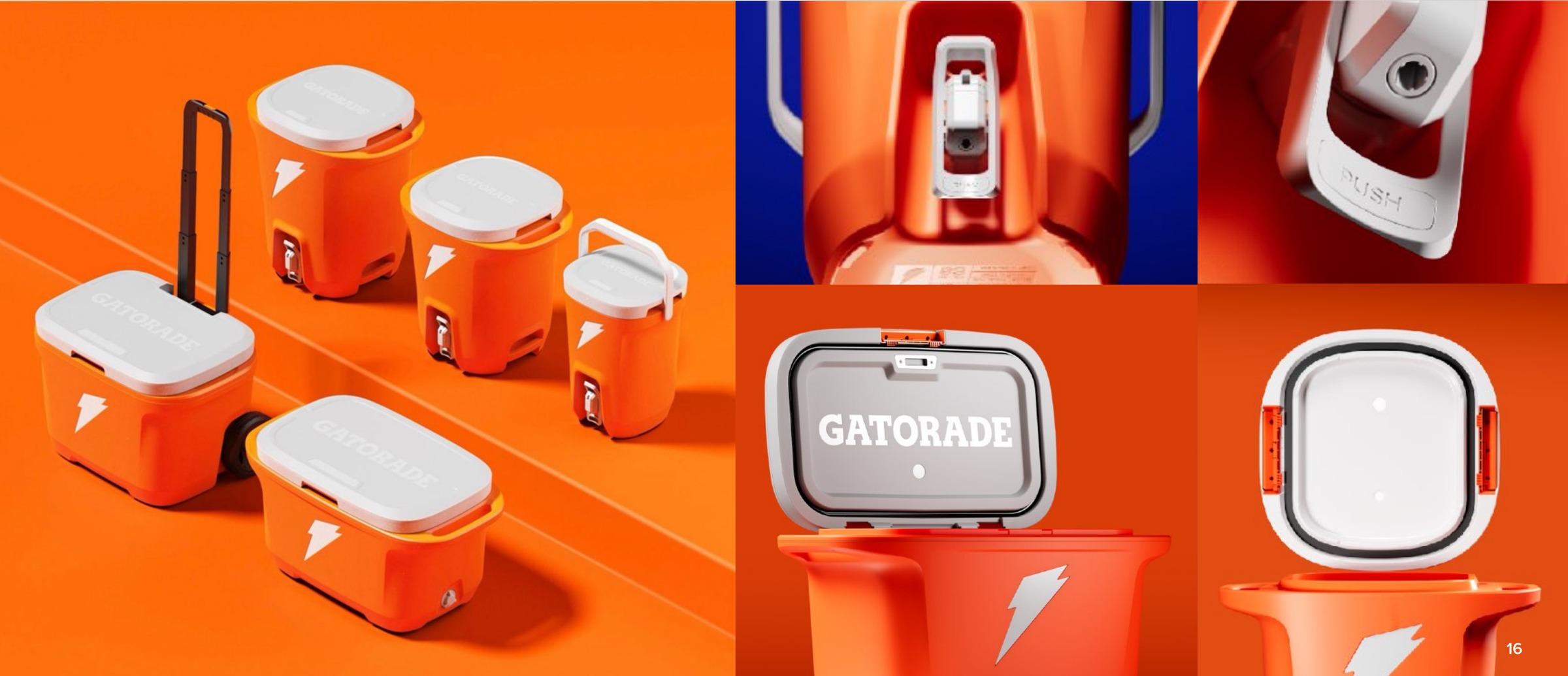Orange cooler family with quick-access lids, dispensing spigots, wheels, handles, and multiple capacities.
